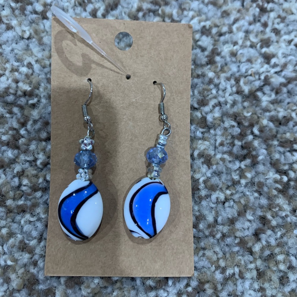 Blue and White Marbled Dangly Earrings